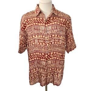 Vintage 90s 100% Silk Button Up Shirt Tribal African Red Mens M Short Sleeve